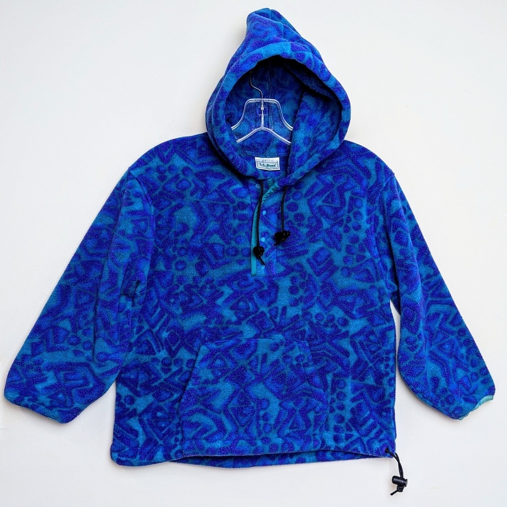 Vintage LL Bean 1/4 Snap Pullover Hooded Pattern Fleece Youth Girls Large 14/16